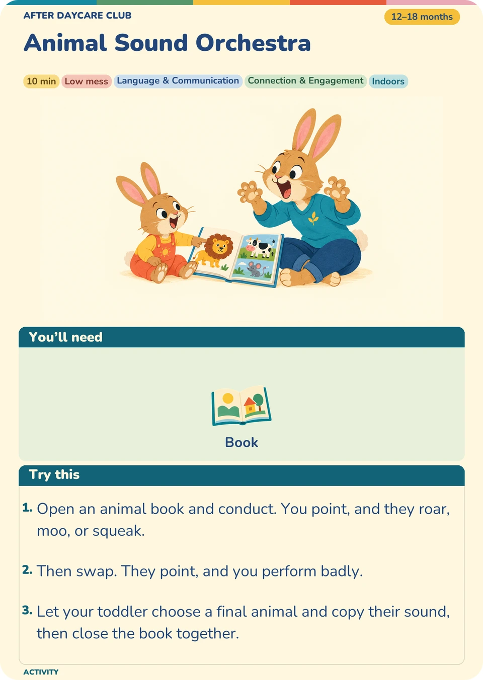 Animal Sound Orchestra activity card from the free sample pack for ages 12–18 months