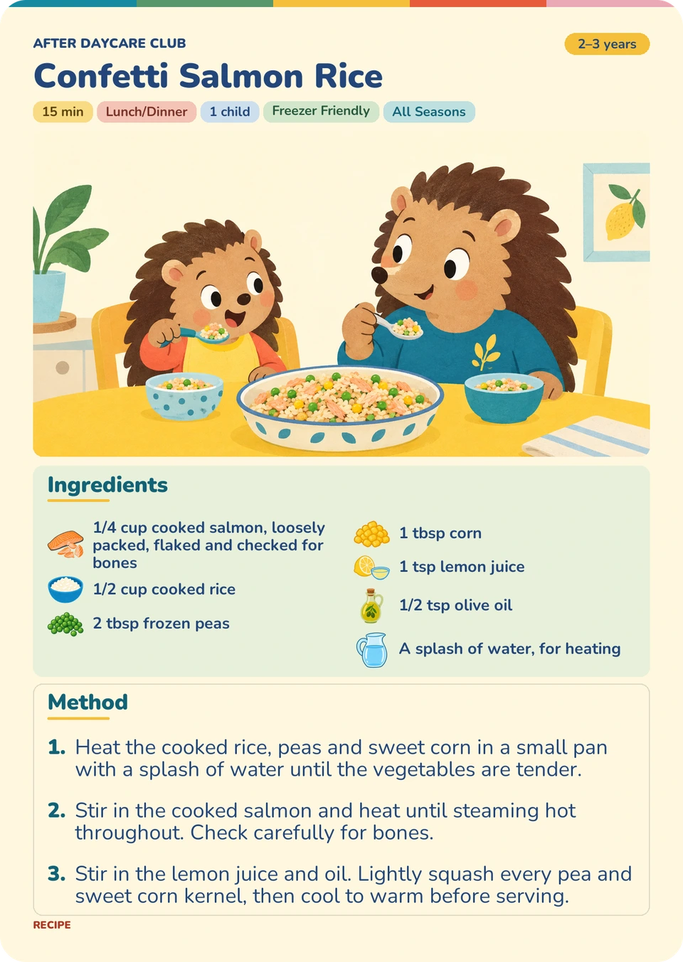 Confetti Salmon Rice recipe card from the free sample pack for ages 2–3 years