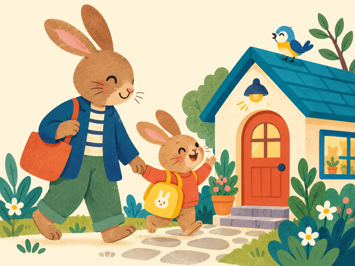 A little rabbit with a yellow school bag arrives home hand in hand with a parent, while a blue bird welcomes them.
